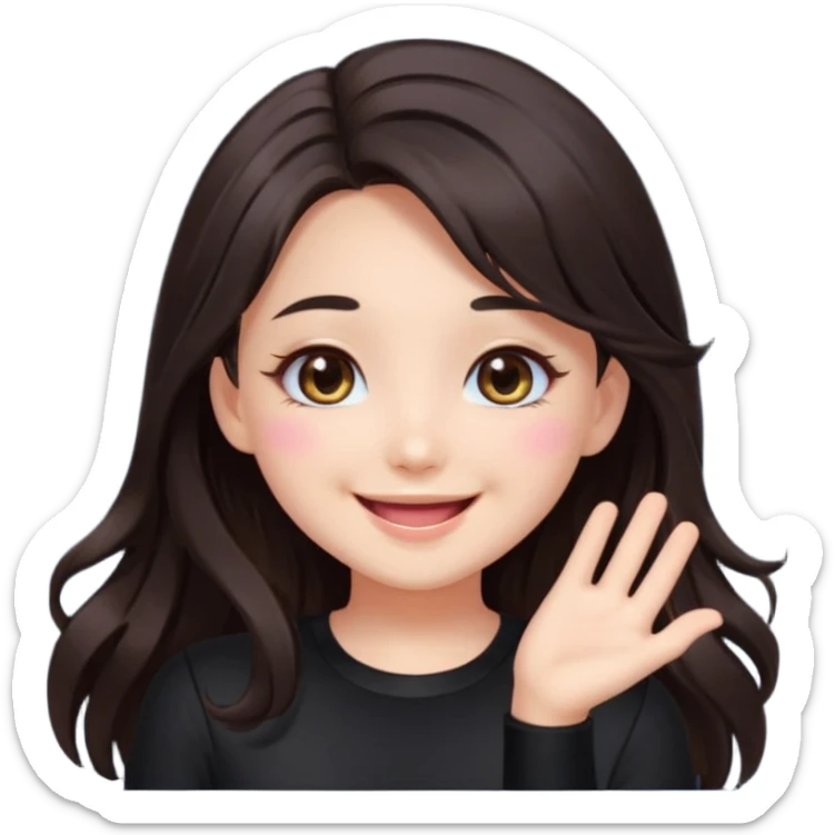 kawaii streamer girl, brunette, dark brown eyes, long dark hair, black outfit, smiling, sparkling eyes, blushing cheeks, happy expression, small stars around, emoji icon sticker