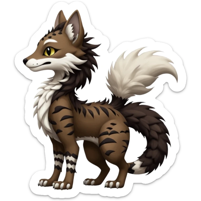 Brown and black and white fantasy feline-vernid-sergal-fursona animal creature with a tufted tail full body with intricate markings  sticker