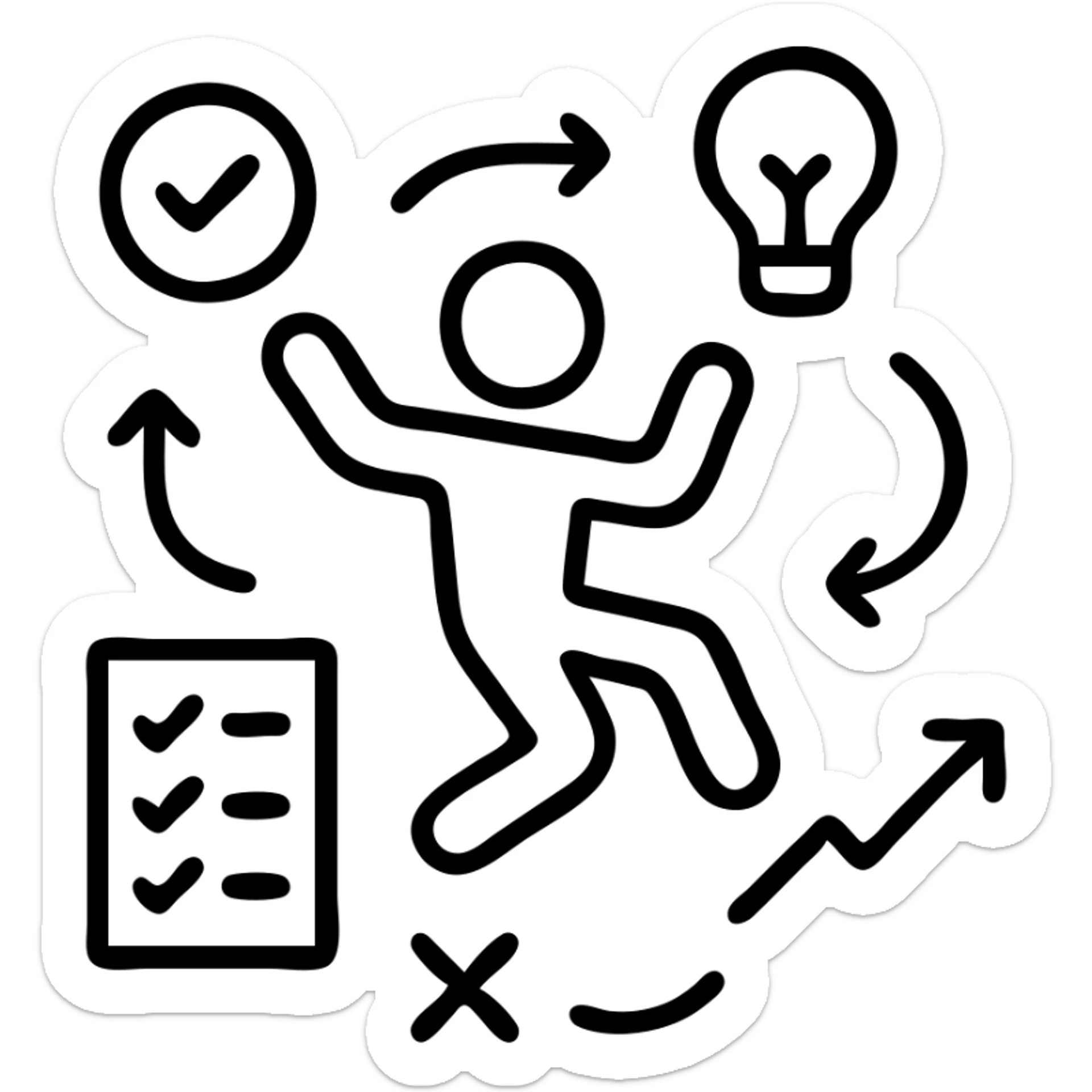 icon of a person in mid-jump, surrounded by arrows and symbols of tasks, dynamic and organized chaos, playful yet focused, planning idea sticker