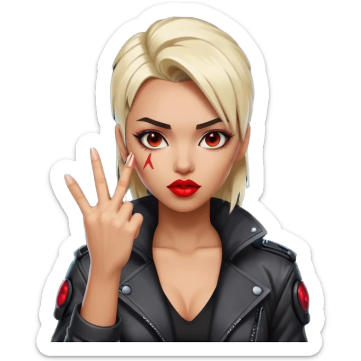 Woman with her tongue out in cyberpunk clothing and giving the middle finger. Looking naughty. sticker