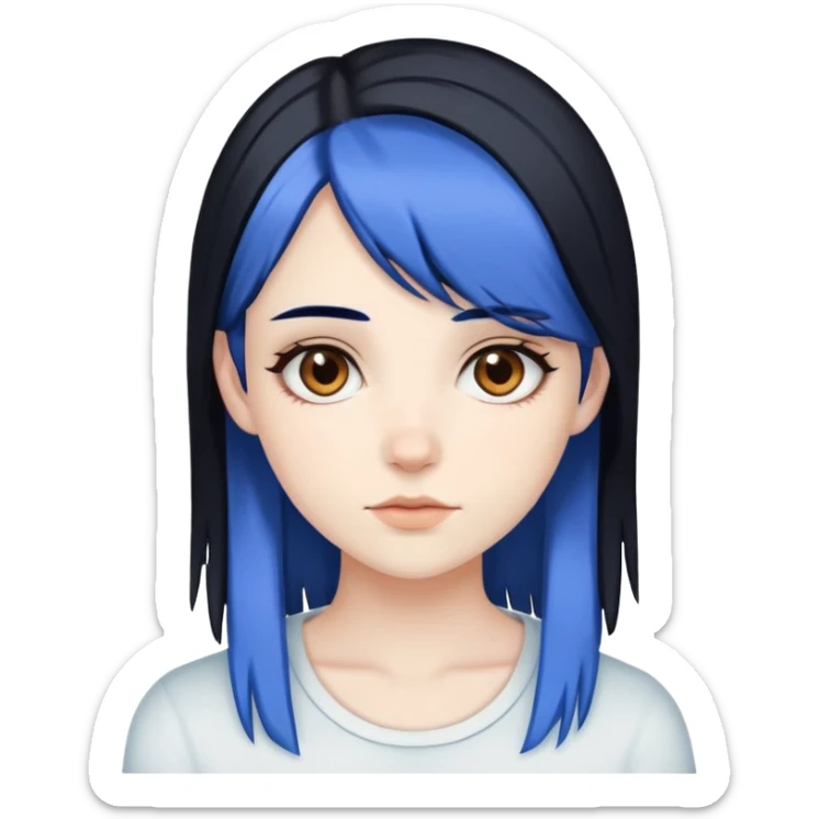 Pale girl with brown eyes, black hair, with two strips of blue hair sticker