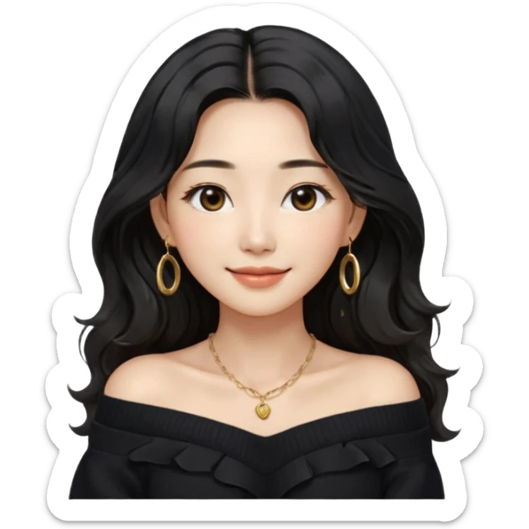 A South Korean girl in her thirties with long black soft wavy hair with middle part and layers. She is wearing a black off the shoulder long sleeve knit sweater, small gold hoop earrings and thin gold necklace. She has brown eyes with mono lid shape and smiling with lips together sticker