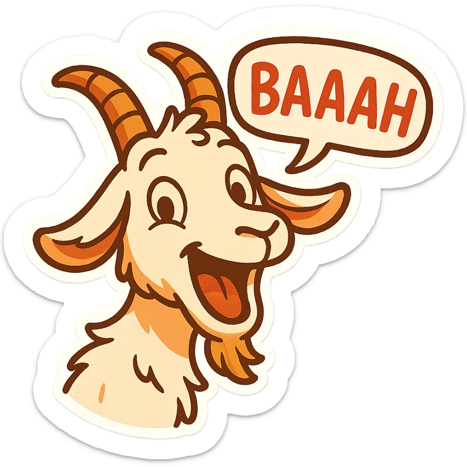 cartoon sticker style goat with mouth open saying 'baaah', bright colors, playful expression sticker