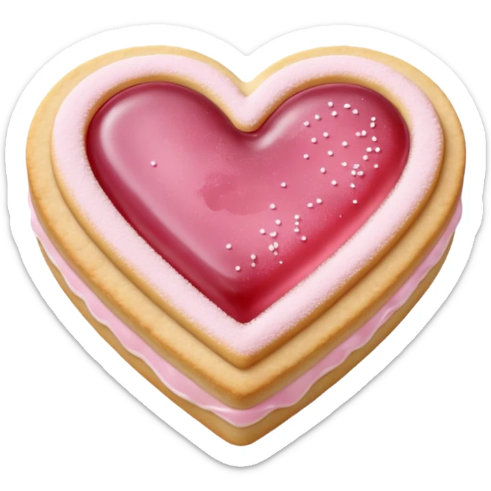Realistic shortbread cookie in the shape of a heart with pale pink jelly middle filling and sprinkled powder sugar on top. sticker