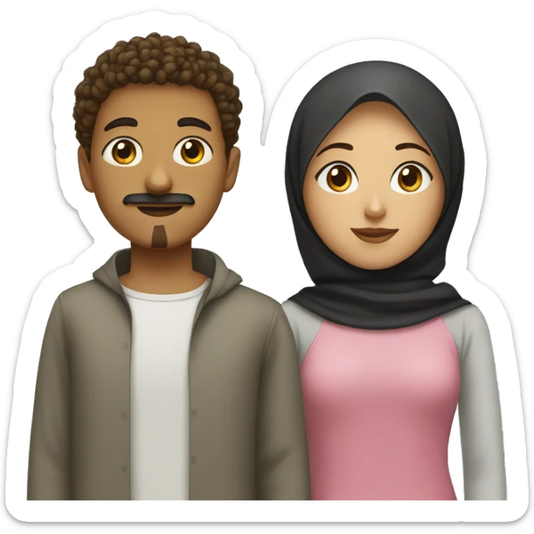 brown teen with short curly hair and goatee and moustache standing and black eyes next to a girl wearing a hijab sticker