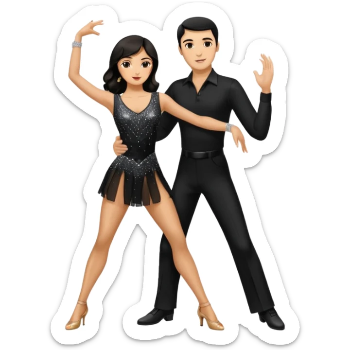 Dancesport professional latin couple dancing the rumba, the women is in skinny short sparkly dress, the man is in black shirt and black classic pants, the women has brown long hair, the man has short black hair  sticker
