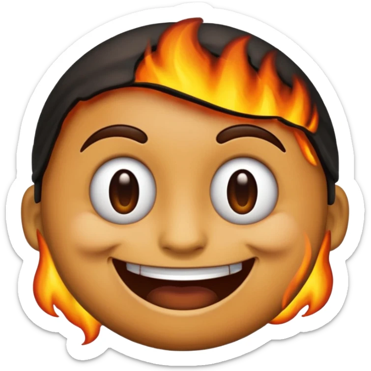 A emoji with half of his face burnt with the emoji having a big grin sticker