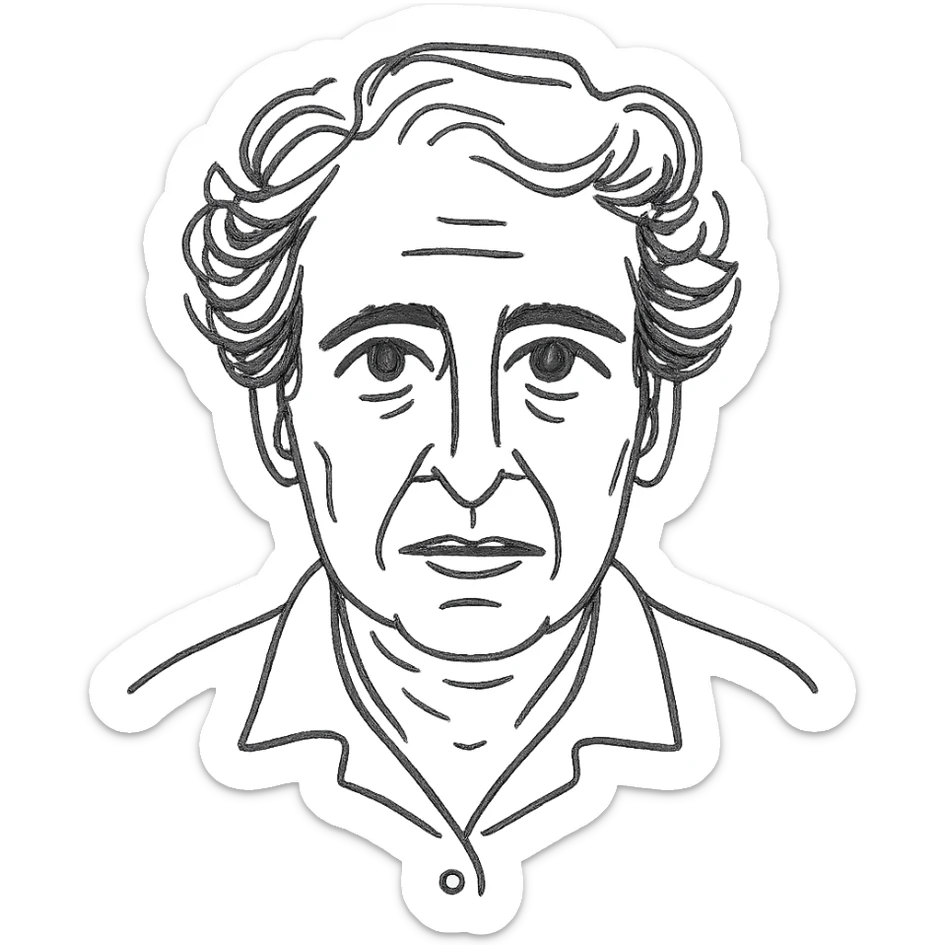 a hand drawn black outline portrait of Hannah Arendt with similar size eyes sticker