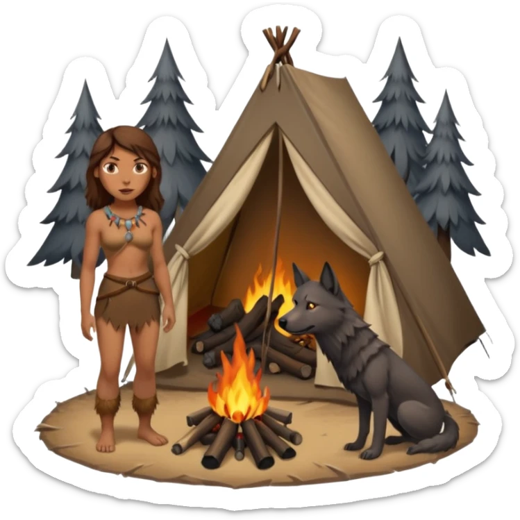 a NEANDERTHAL WOMAN WITH BROWN HAIR STANDING BY A FIRE AND TENT WITH BLACK WOLF sticker