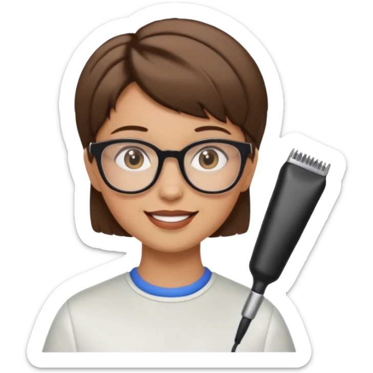 Happy woman with short hair and glasses having haircut sticker