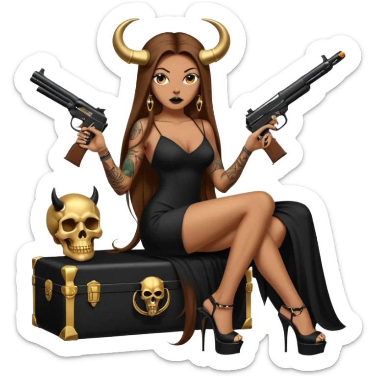 Sensual woman long brown straight haired sexy drug lord woman with tattoos on arm sleeves and black thick butt platform high heels on her feet, and devil black horns on her head, she is holding a skull head and a gun. Sitting on gold cases full of gold , long black dress with sexy slit sticker