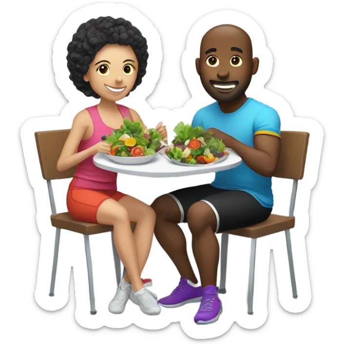 emoji Sporty white couple, man and woman in sportswear, sitting at Christmas holiday dinner table only salads sticker
