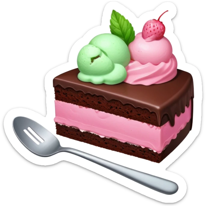 Slice of chocolate cake with strawberry icing and a scoop of mint ice cream on the side sticker