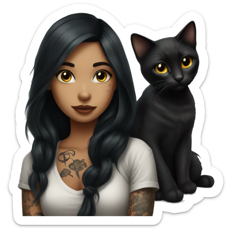 beautiful girl with tattoos, with long black hair, with black cat sticker