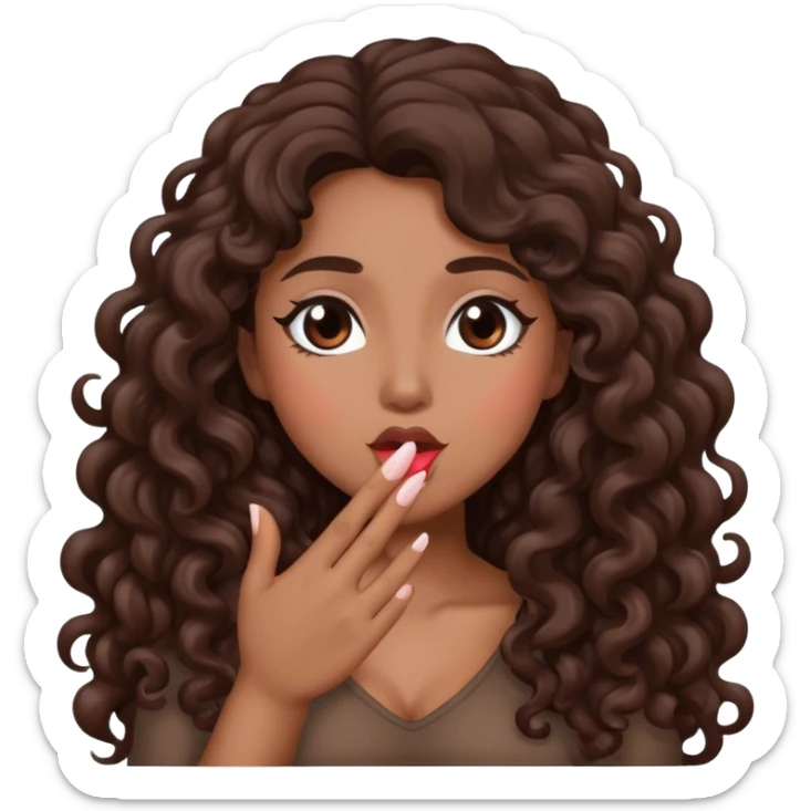 Brown woman with dark brown long curly hair blowing a kiss  sticker