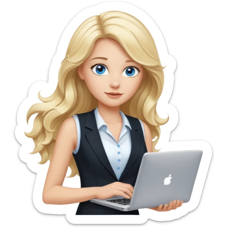 3D Apple-style emoji of a blonde woman whits long wavy hair, with bright blue eyes,
wearing a white sleeveless top,
holding a silver laptop,
clean white background, smooth rounded design
black suite sticker