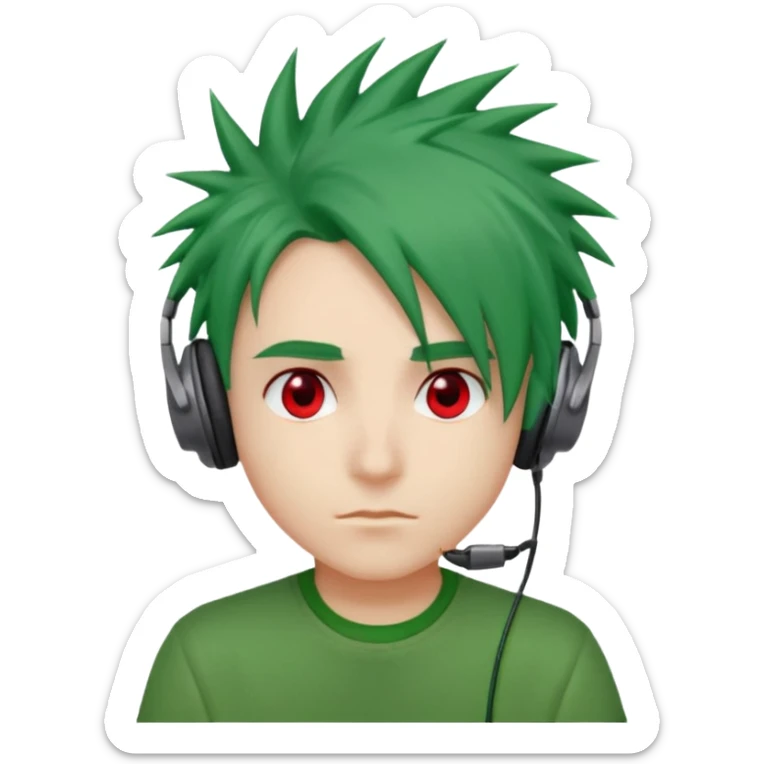 chico pelo medio largo ojos rojos y una camisa verde pelo tipo spike y unos audifonos sticker