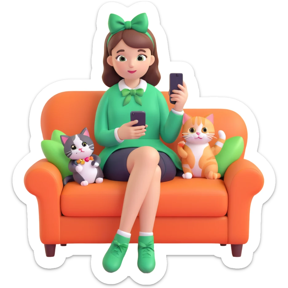 A girl sitting on a couch with a cat, holding a smartphone, with a green bow on her head, surrounded by candy, in a warm, cozy setting. sticker