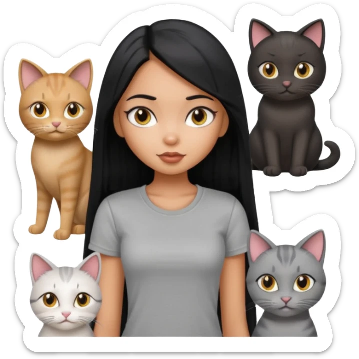 a pretty bratz dusky girl with long straight hair with four cats nd wearing a grey tshirt sticker