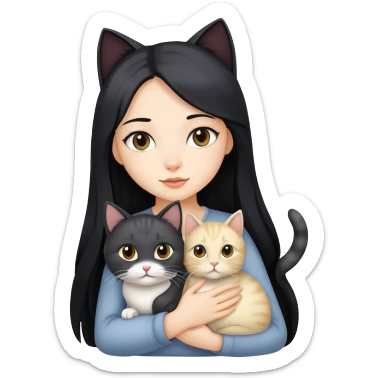 Beautiful girl with long black hair holding a gray and blonde mixed cat sticker