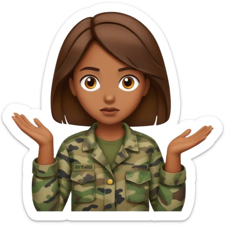 brown-skinned girl in camouflage, brown hair, shrugging sticker