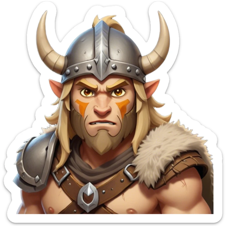 Clash of Clans aesthetic: Cinematic Fierce Barbarian Portrait Emoji, Poised and bold with a rugged yet cartoonish build in tattered furs and a horned helmet, expressive bright eyes and a confident smirk, Simplified yet dynamic features, highly detailed, glowing with a vivid, adventurous aura, high shine, heroic and spirited, stylized with an air of medieval warrior charm, focused and energetic, soft glowing outline, capturing the essence of a fearless barbarian adventurer ready to lead his clan with spirited valor! sticker