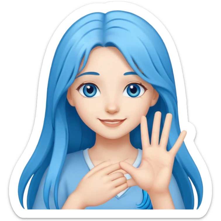 Happy girl long blue hair blue eyes making the hand heart sticker