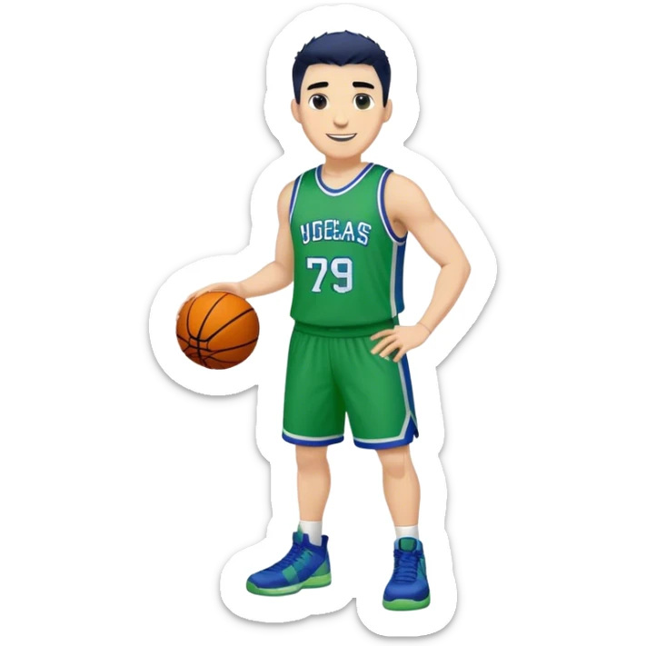 Full Body heavy white male with dark short spike hair basketball player wearing blue green uniform smiling sticker