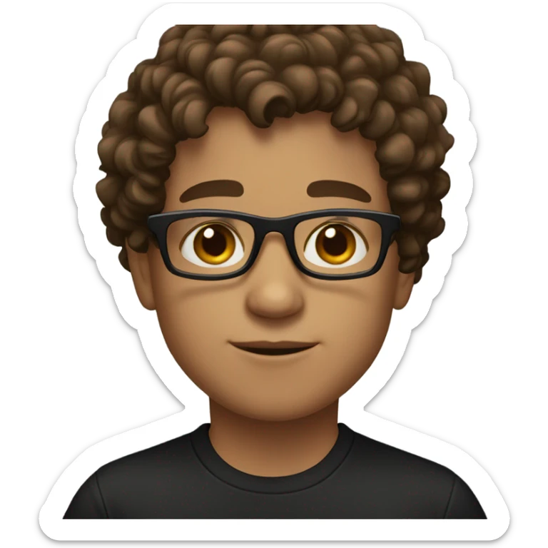 A boy with brown curly hair and black glasses with brown eyes and a black shirt sticker