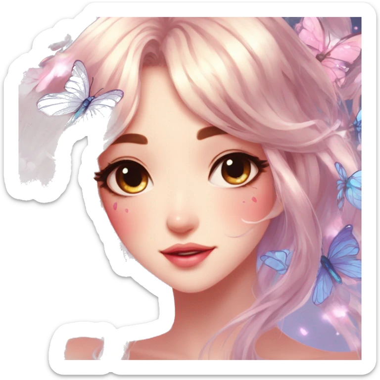 gorgeous shiny blushing anime lady with butterflies and beautiful hair fairycore high quality detailed vogue trending aesthetic sticker