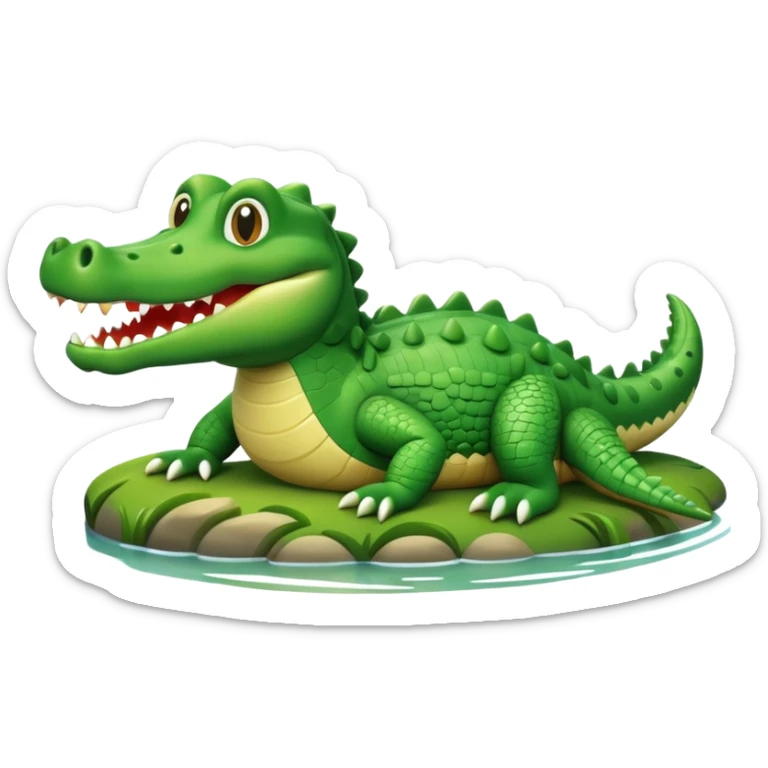 A cute 3D cartoon crocodile resting on a riverbank, part of its body in the water. Smooth rounded design, bright colors, soft lighting, friendly expression, Memoji-style realism. sticker