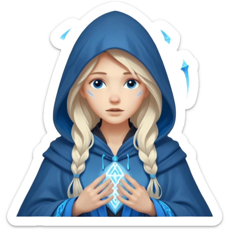 Woman frozen mid-spell, glowing runes around her body, charged silence sticker