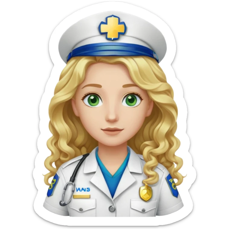 Paramedic white and gold uniform green patch with long curly blonde hair and blue eyes sticker