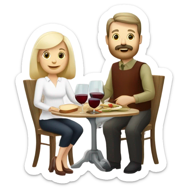 Repas raclette et deux verres de vin blanc en couple 50 ans, femme blonde cheveux aux-dessus des épaules homme petite barbe et moustache grisonnantes et cheveux bruns sticker