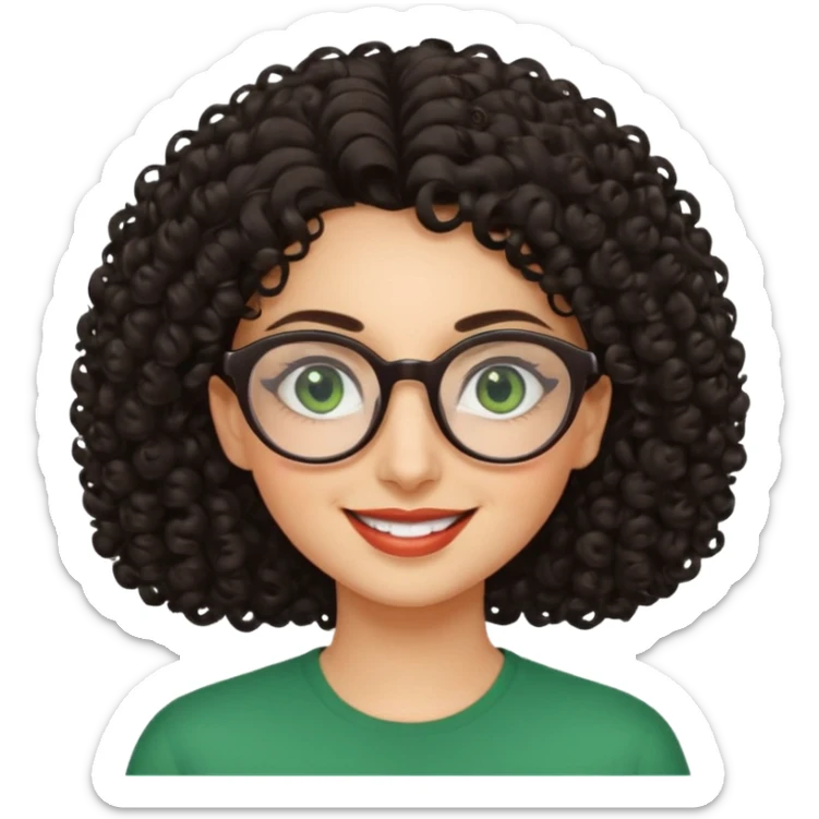 iranian woman, tight curly hair, glasses, green eyes, pretty, oval shape face sticker