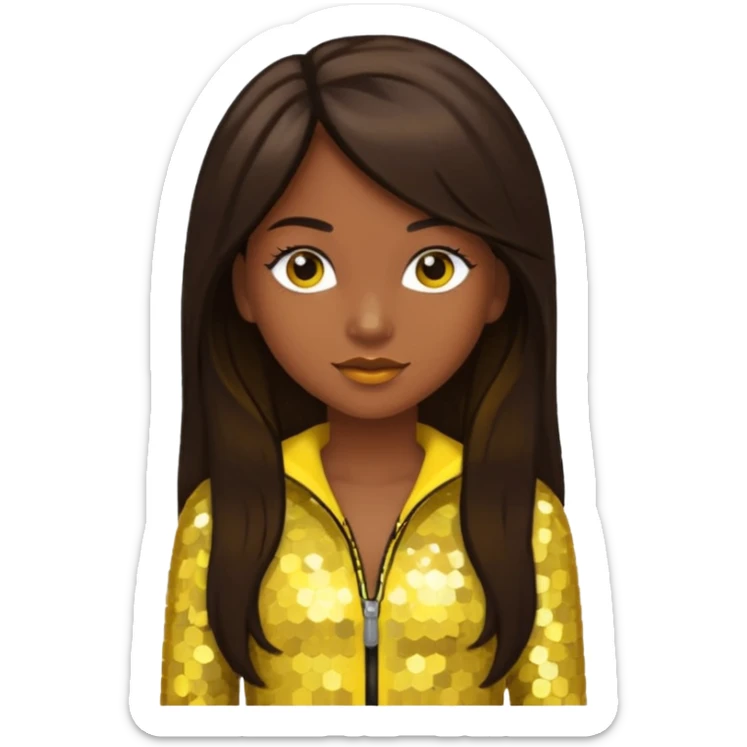 Sasha from Bratz with medium dark skin, long dark brown hair and yellow sequin outfit sticker