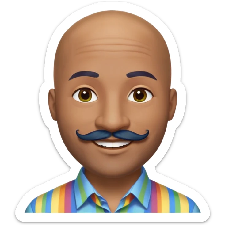 Oxumarê as a very happy and spontaneous smiling 37-year-old bald man with very dark skin, smooth oval head, indigenous facial features, mustache with circular beard only on chin, a round mole on the right side below the lip, wearing a blue striped dress shirt, with rainbow serpent, Memoji style sticker