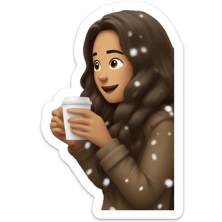 Woman with long brown hair is eating croissant and drinks coffee at home snowing outside the window sticker