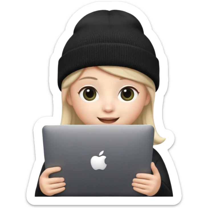 Apple-style Memoji face with big eyes and black beanie, holding silver laptop covering mouth with solid black pear logo (no bite), clean soft lighting, simple round background. sticker