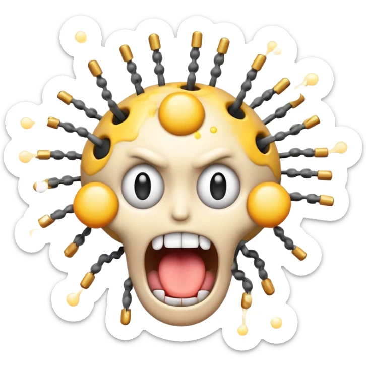absolutely insane emoji with eyes popping out of sockets on springs, brain partially exposed, multiple gigantic polka-dotted tongues flailing in all directions, tiny explosions around head, face melting, completely deranged look sticker