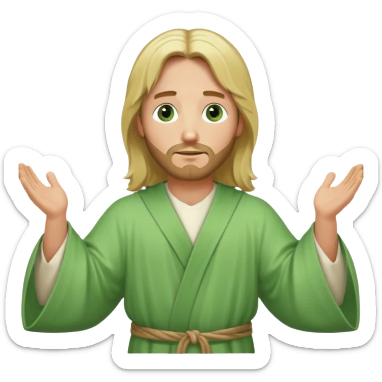 Jesus, green eyes, blonde hair, light green church robe. opening arms, gazing thoughtfully. Soft light, subtle fern. Waist-up, profile. sticker