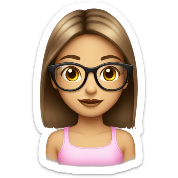 Niña con lentes rosado transparente, pelo corto de color castaño, ojos marrones,  sticker