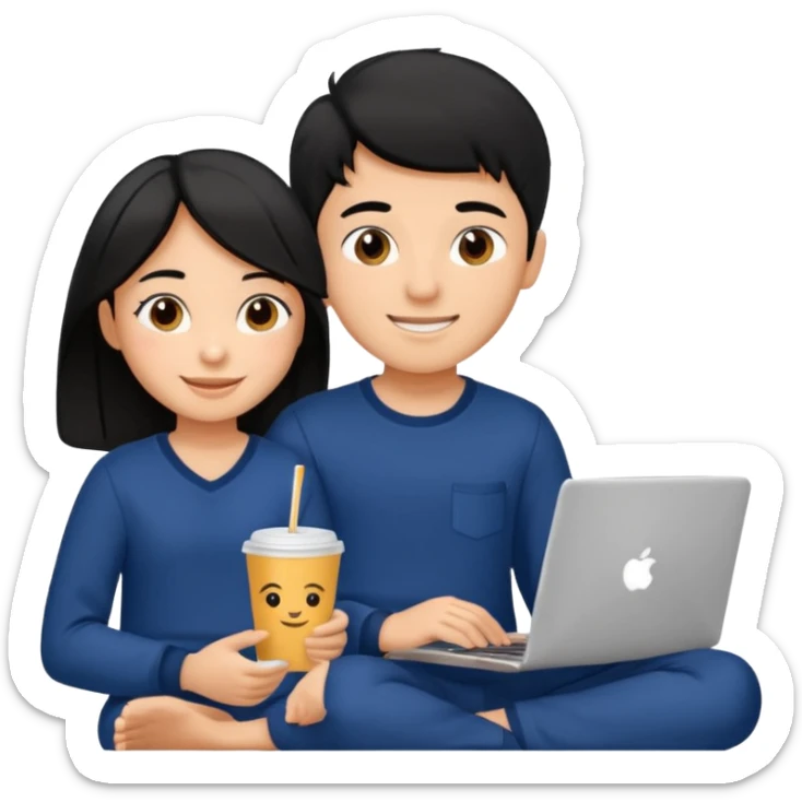 black haired boy and girl in navy blue pajamas , watching movie on laptop sticker