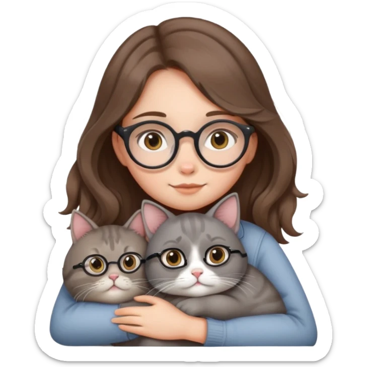 girl with slight wavy long brown hair wearing round specs carrying/hugging a fat grey cat with round ears  sticker