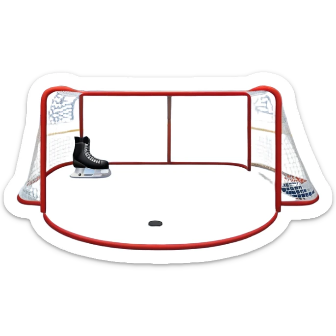 An icon showing a hockey stick, puck, skates, and goalposts on the ice. The background features a large hockey stadium with cheering fans, bright lights, and a snowy landscape visible through the arena. Transparent background highlights the main hockey equipment and atmosphere. sticker
