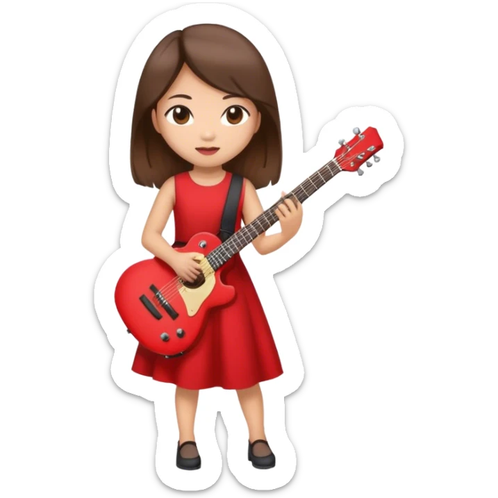 an asian girl with brown hair playing a big guitar, wearing a red dress sticker