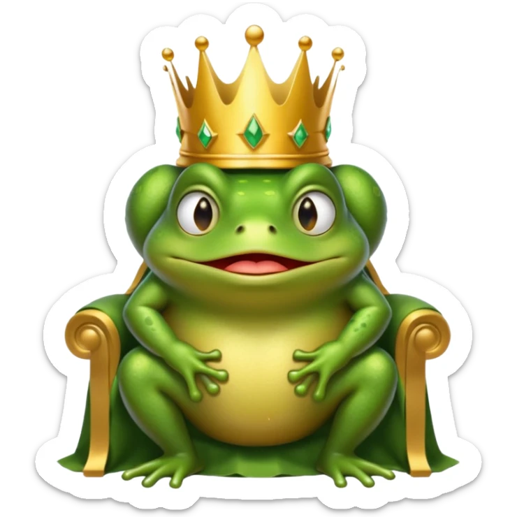 A cry frog wearing a crown, confidently sitting on a golden throne, cry tear from eyes, portrait, bust up sticker