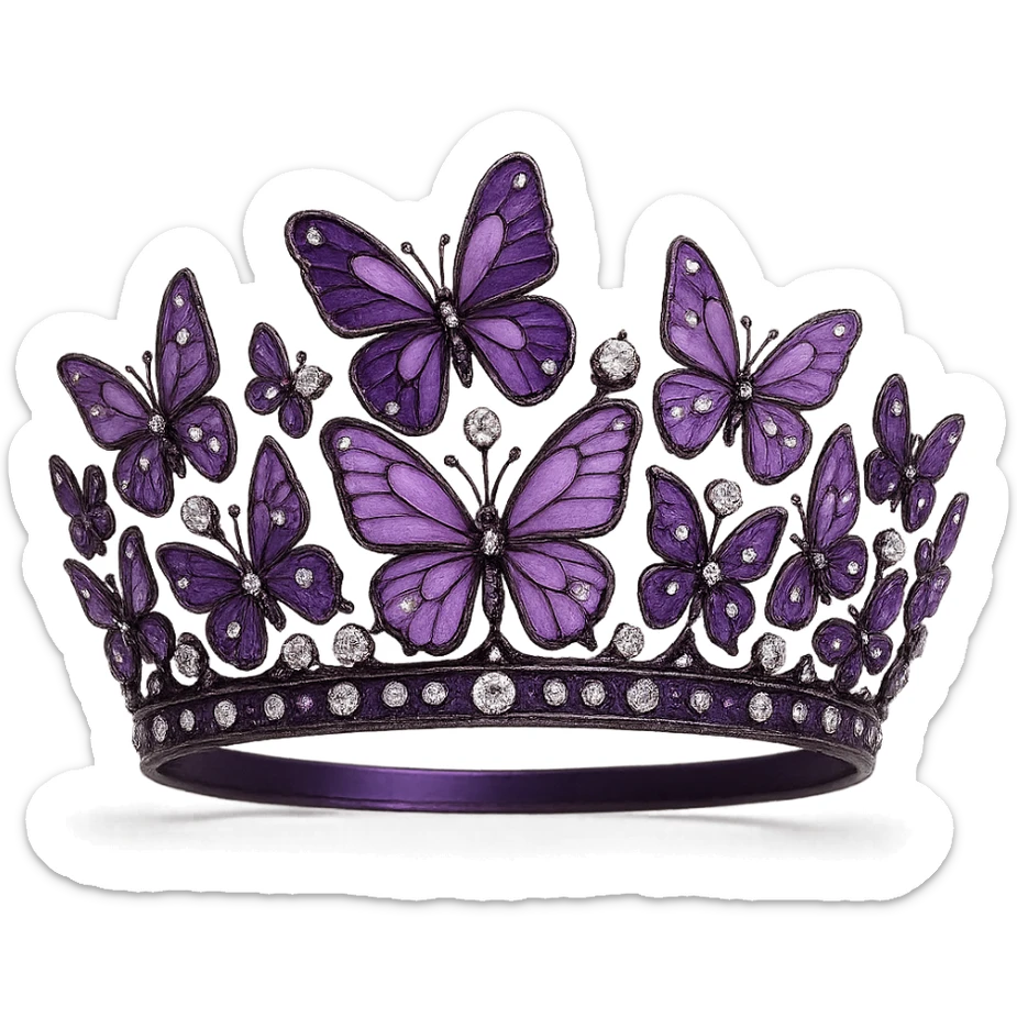 butterfly crown with a deep purple base, butterflies in lilac and plum enamel, sparkling gems sticker