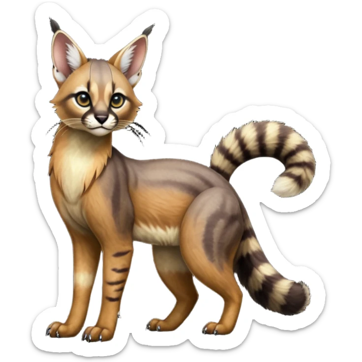 Colorful dark black gloomy spooky pointy foggy smoky points-marked glorious hyper-realistic exotic cute cool beautiful beautiful fantasy-caracal-civet-genet-sergal-vernid-Cacomistle-Trico-oncilla-animal-Fakémon-hybrid-fursona (full body) sticker