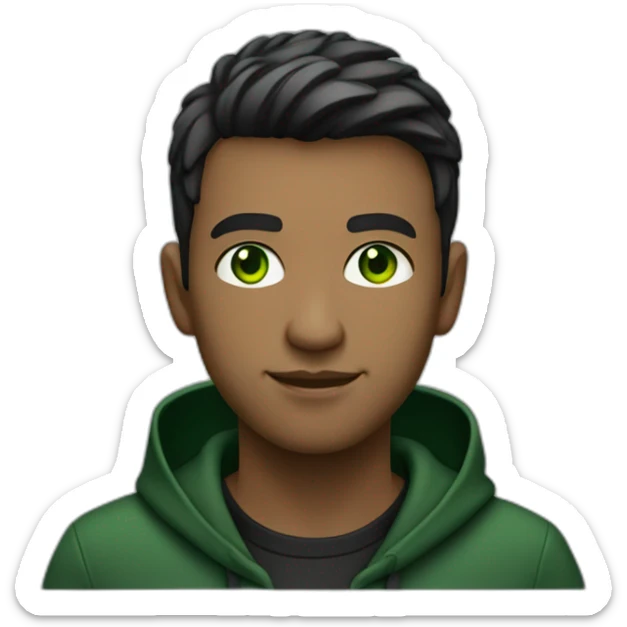 Programmer with dark fade haircut, dark green eyes without glasses in black hoodie without print sticker